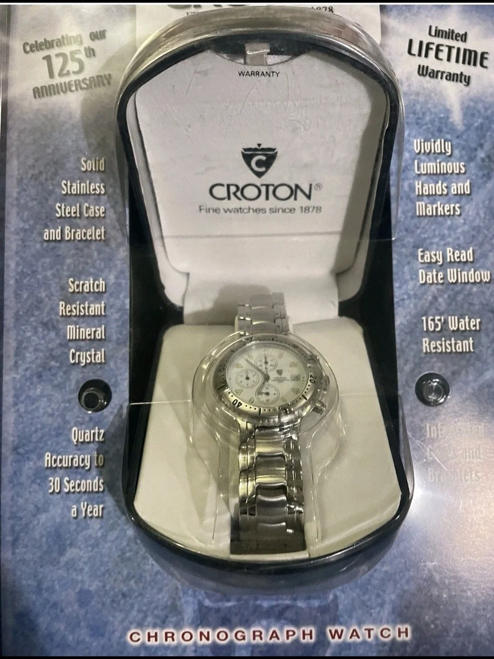 Croton Chronomaster Silver Stainless Steel Chronograph Watch New